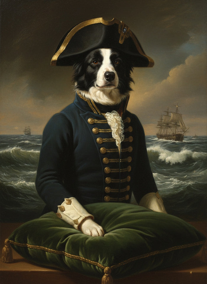 Border Collie pintado como El Almirante, con un gran velero