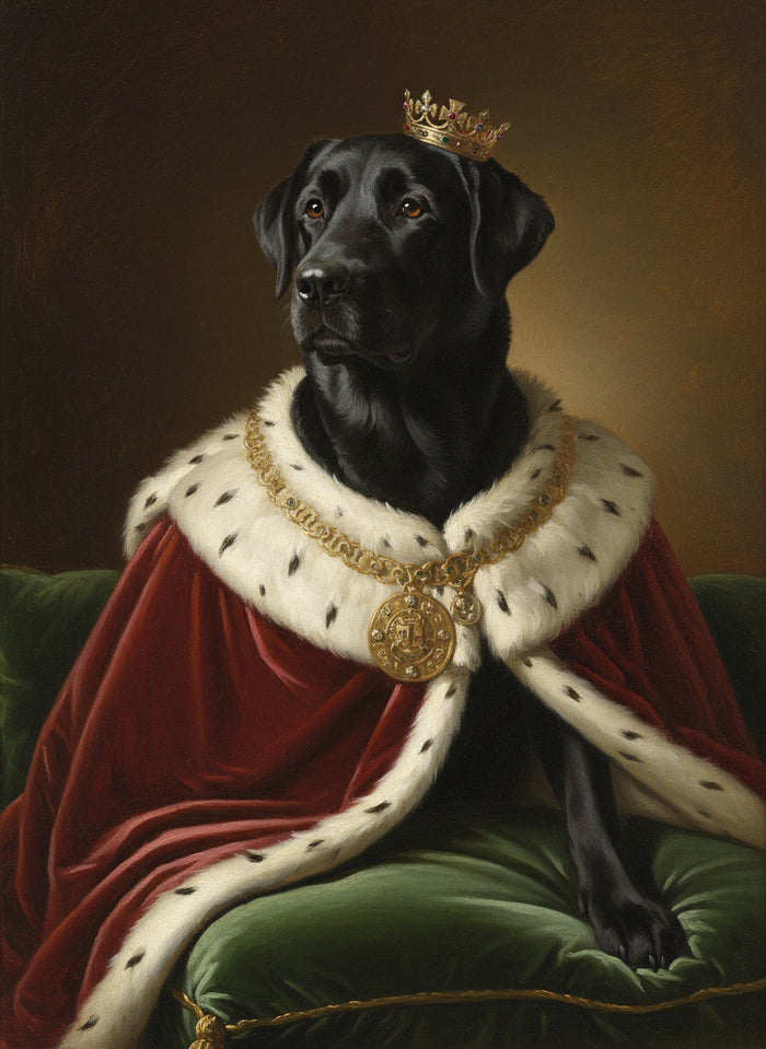 Labrador negro pintado como El Rey, con capa de armiño y corona