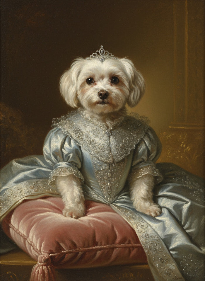 Bichón maltés pintado como La Reina, con vestido de seda
