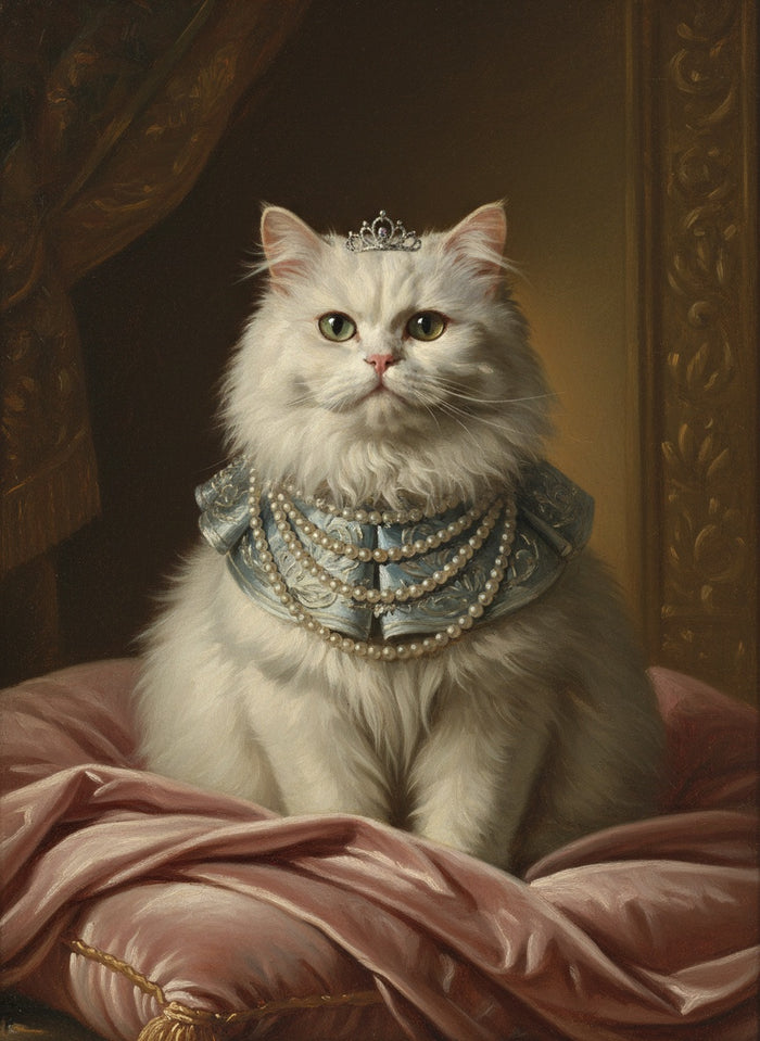 Gato persa blanco pintado como La Reina, con perlas y tiara