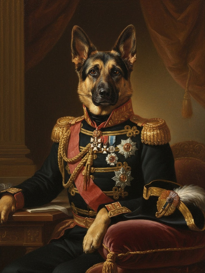 Pastor alemán pintado como El General, con uniforme