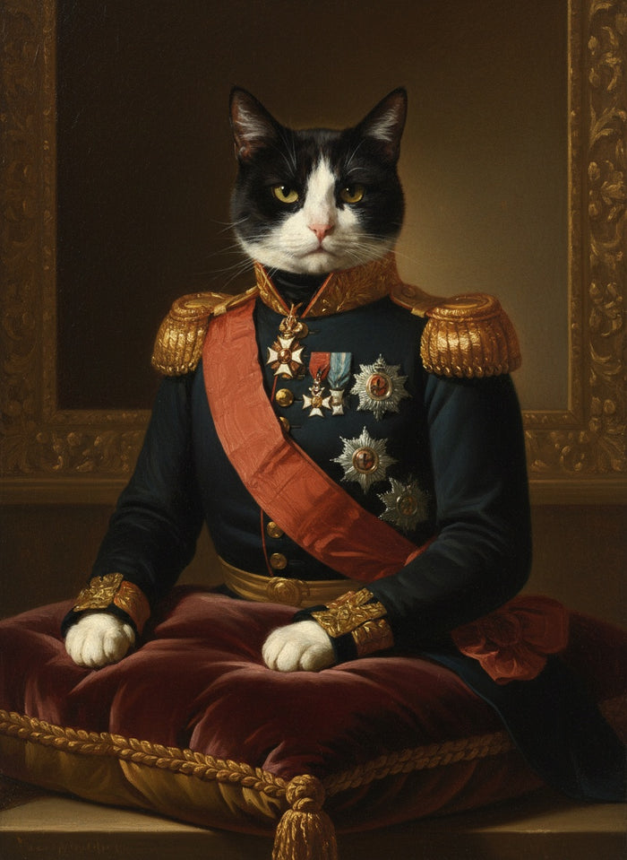 Gato blanco y negro pintado como El General, con uniforme