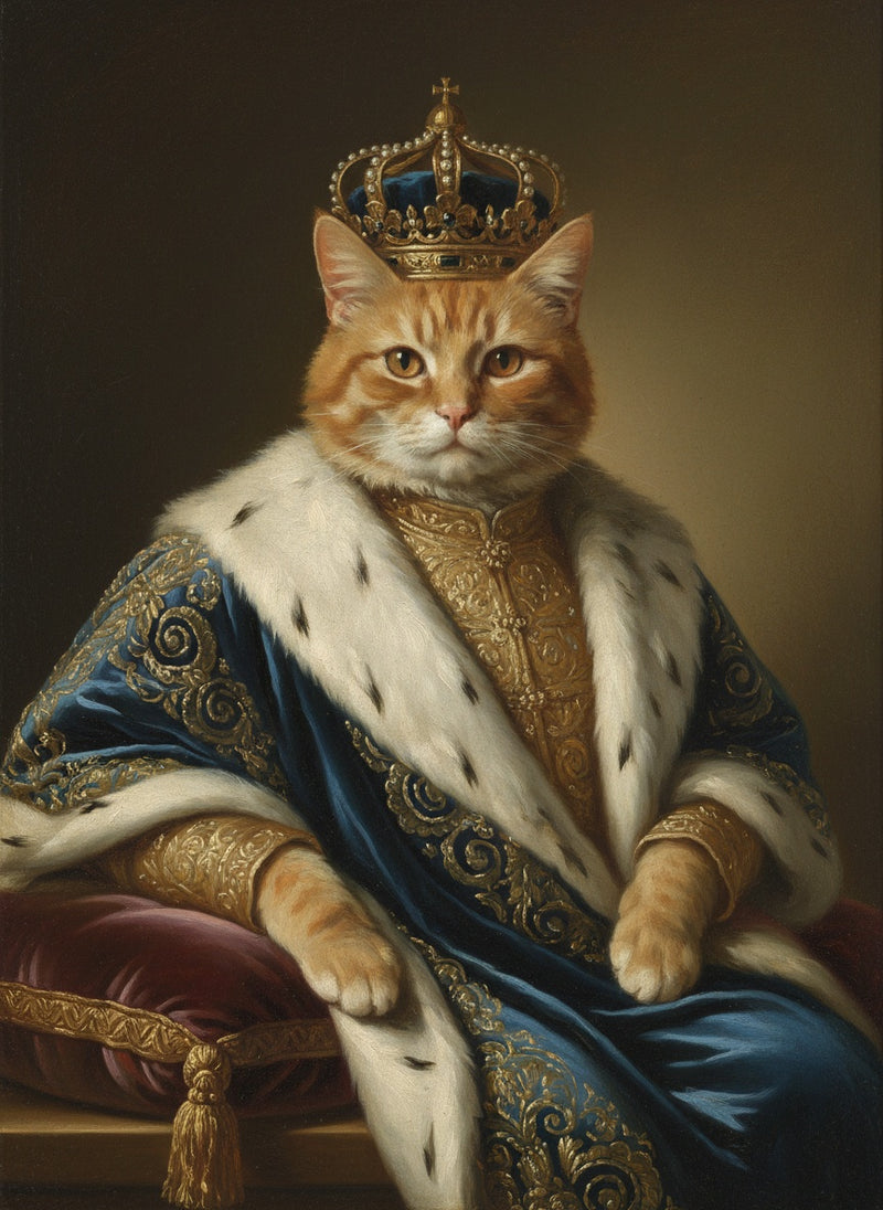 Gato pelirrojo como rey al estilo de los grandes maestros: ejemplo de retrato de gato