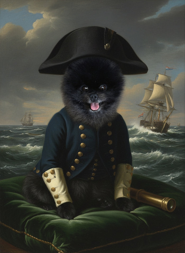 Pomerania pintado como El Almirante, con bicornio y un gran velero