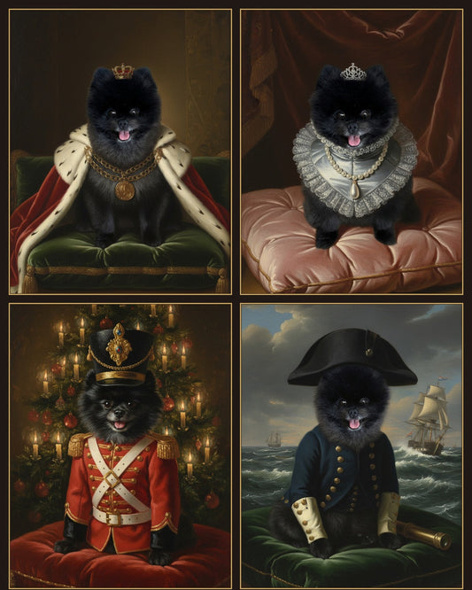 Retratos personalizados de mascotas en cuatro disfraces reales