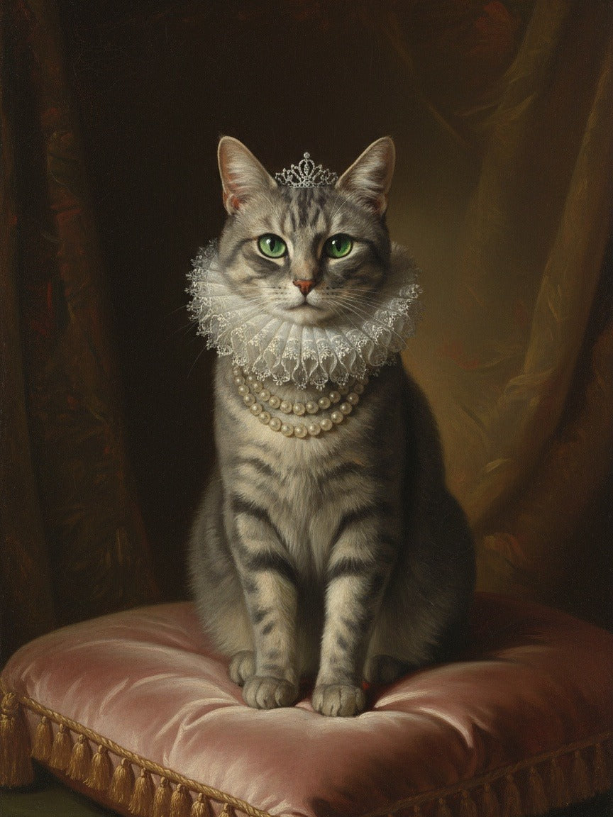 Queen portrait of a silver tabby cat with tiara, lace collar and pearls