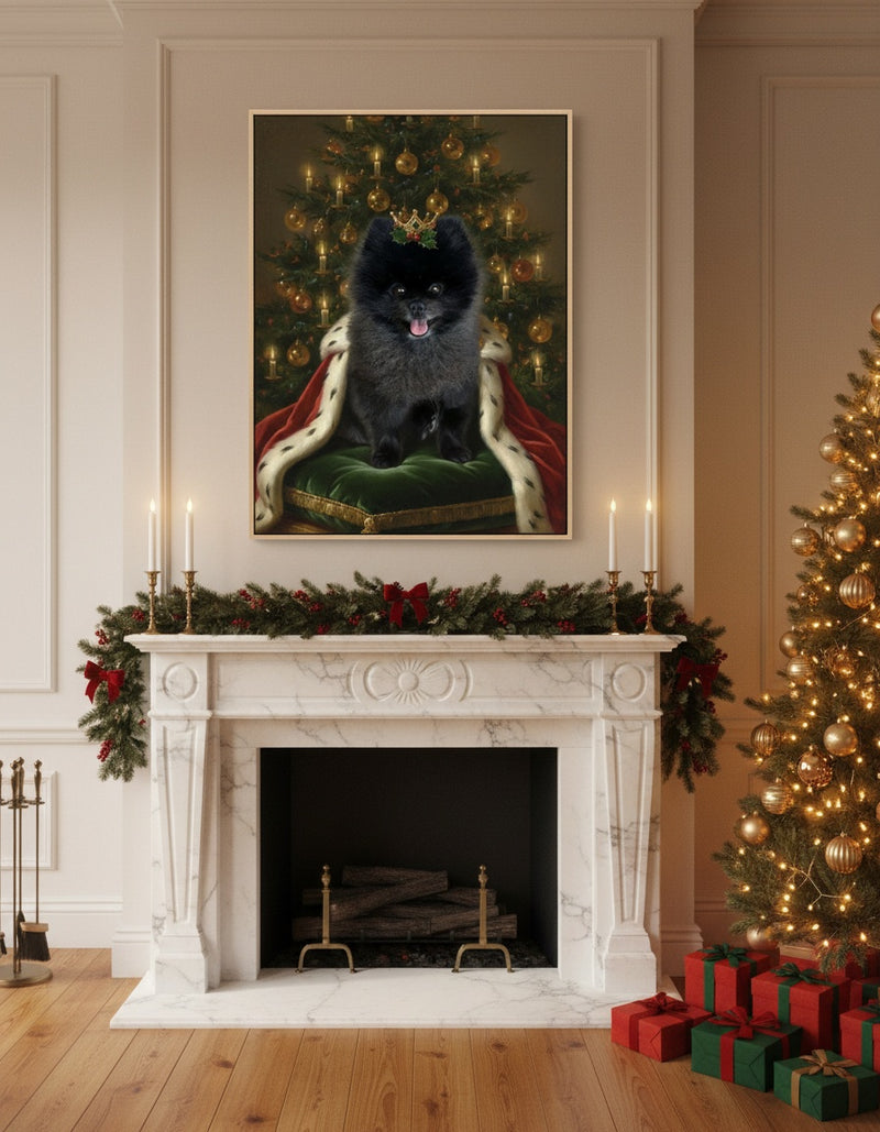 Retrato de mascota en lienzo de un Pomerania como El Rey de la Navidad sobre una chimenea con un árbol de Navidad