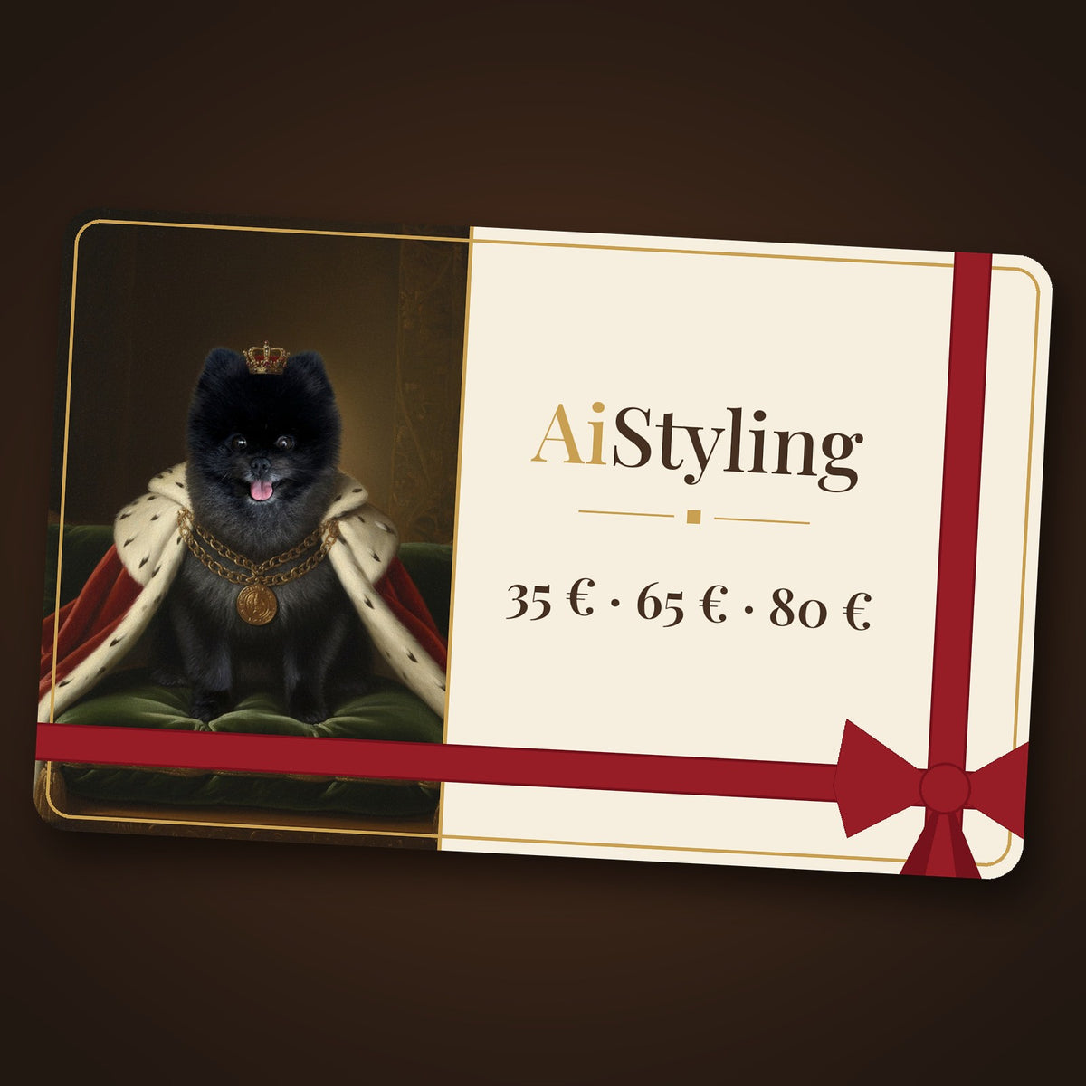 Tarjeta regalo de AiStyling con el retrato real de nuestro pomerania Portoriko (Medo)